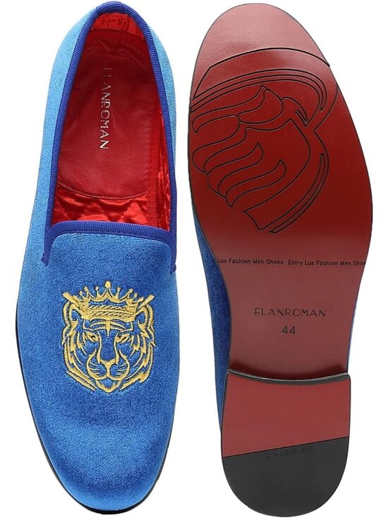 ELANROMAN Men\'s Blue Tiger Velvet Loafers Embroidery Slip on Penny Party Shoes main image 5